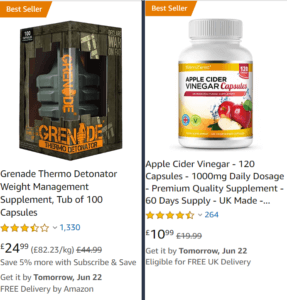 The left was the first best seller for “fat burner”, the right was for “weight loss supplement”.